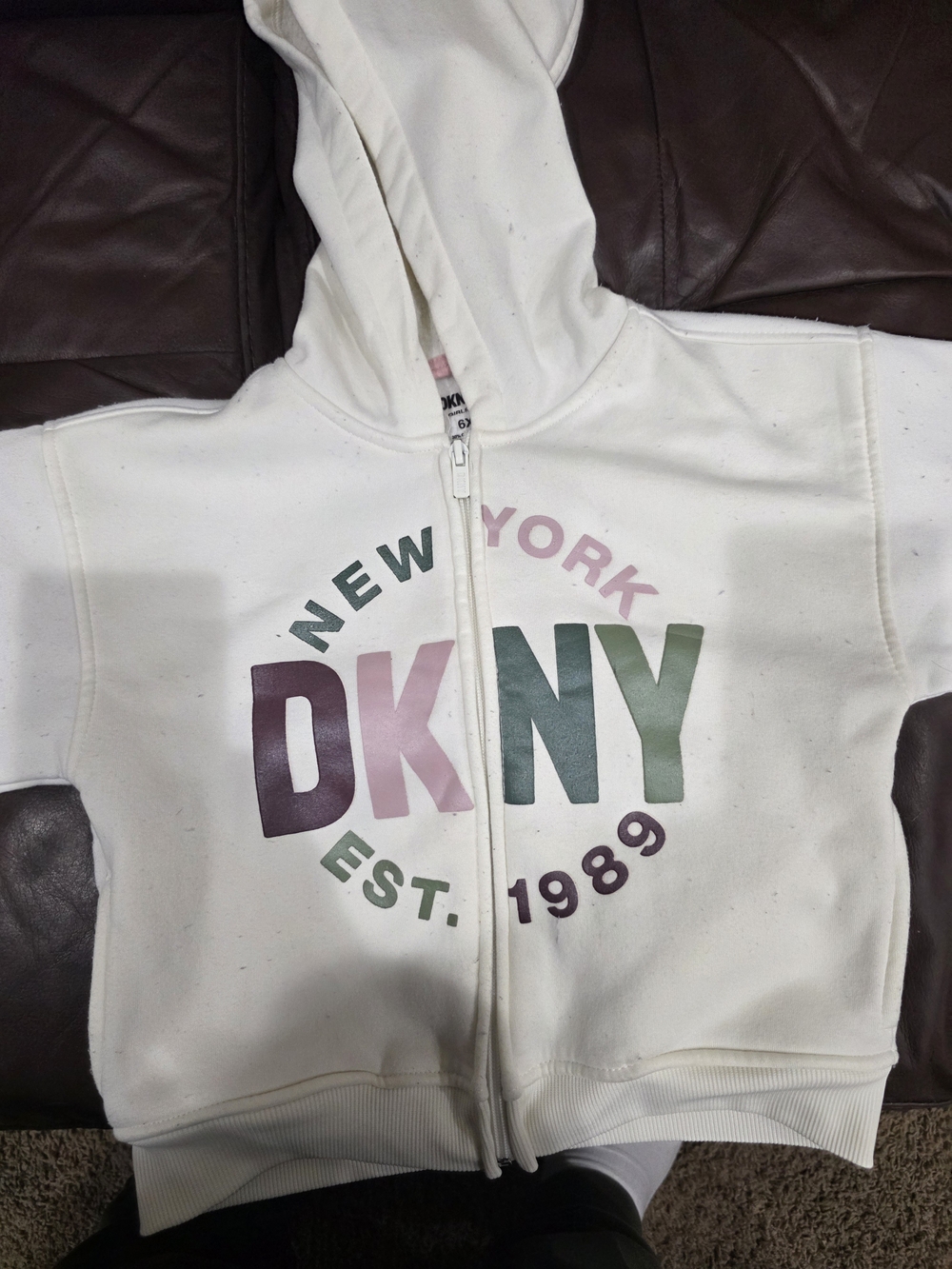 DKNY Kids White Zip-Up Hoodie with Pink & Green Logo - Picture 2 of 4